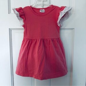 Charming Coral Kids Dress with Lace Sleeves And Matching Floral Ruffle Shorts